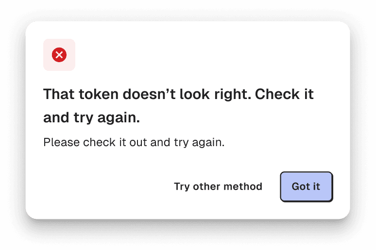 Token error dialog