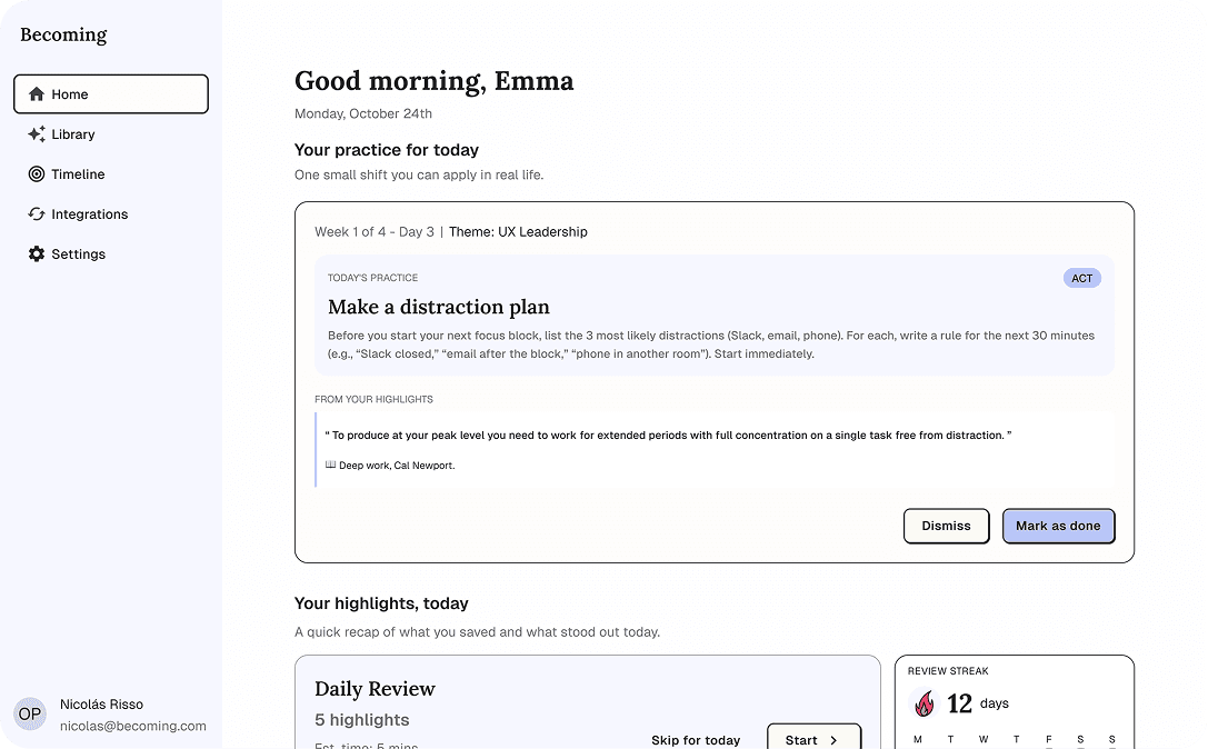 Home screen with content
