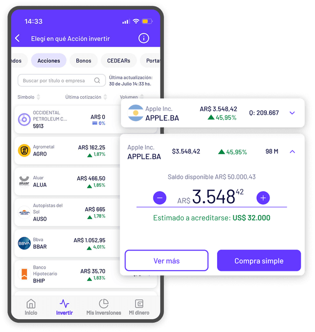 Stock list screen showing Compra Simple trigger