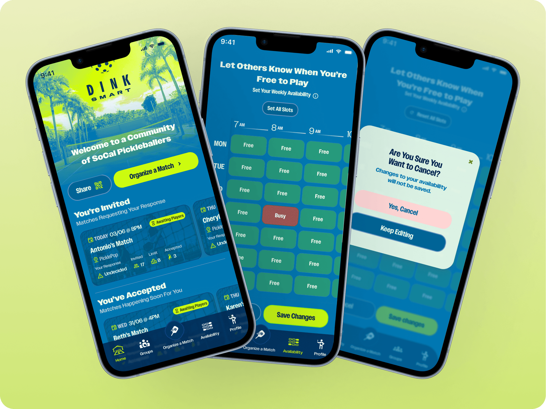 Home Screen, Availability and Cancel Pop Up