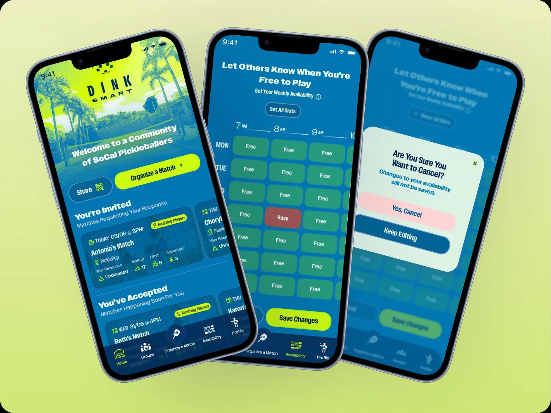 Home Screen, Availability and Cancel Pop Up