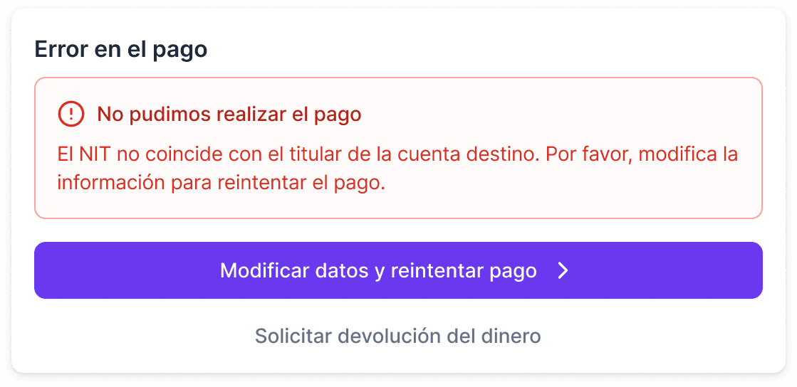 Error en el pago — rejection card with reprocess action.