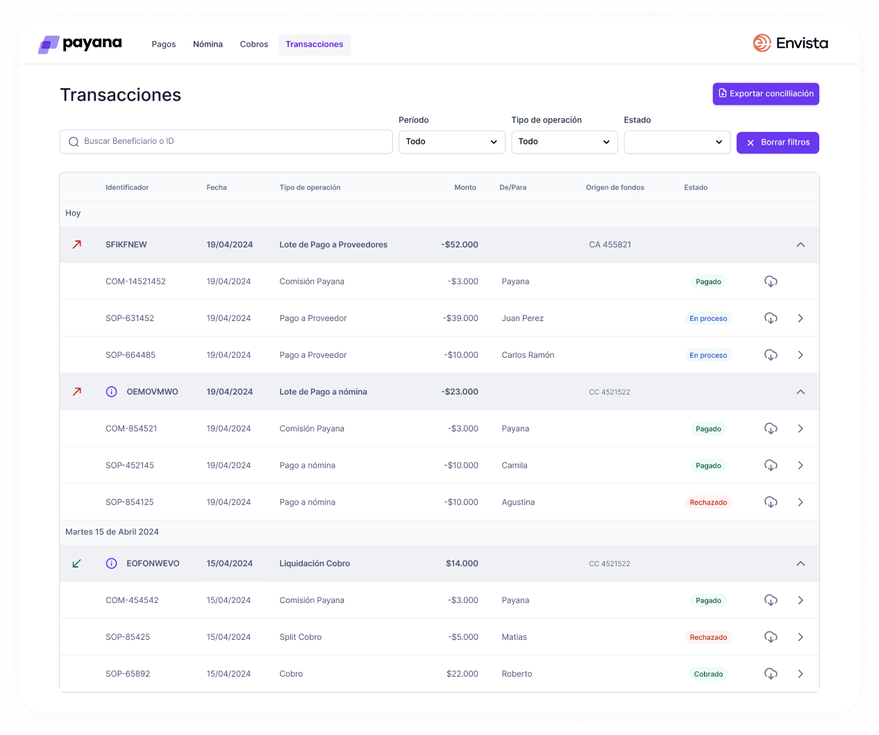 First wireframe approach — unified transactions list.
