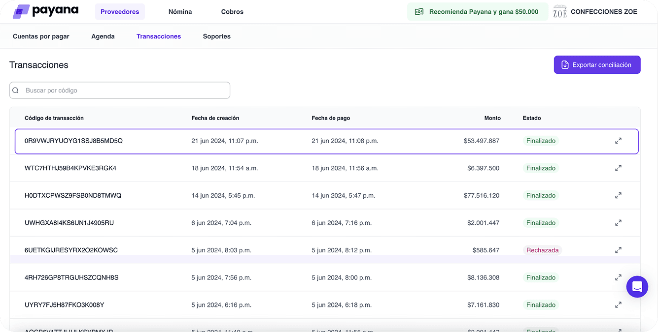 Old transactions experience — first screen.