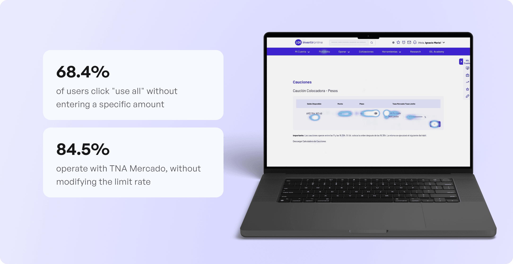 Desktop Hotjar heatmap with stat cards and caption: Previous and complete flow from Circle.