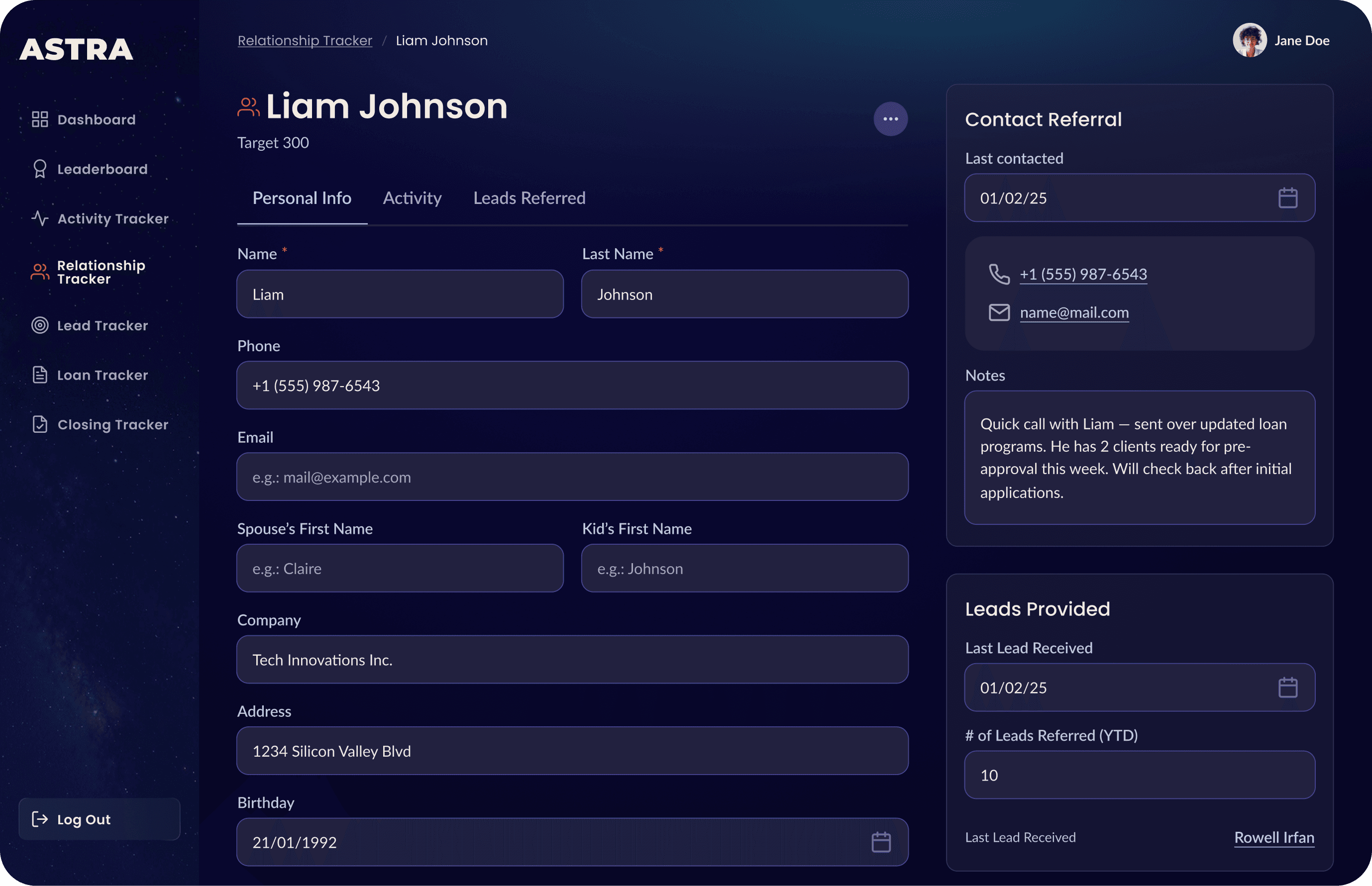 Referral partner profile and detail views — relationship context, forms, and guardrails in the student experience.