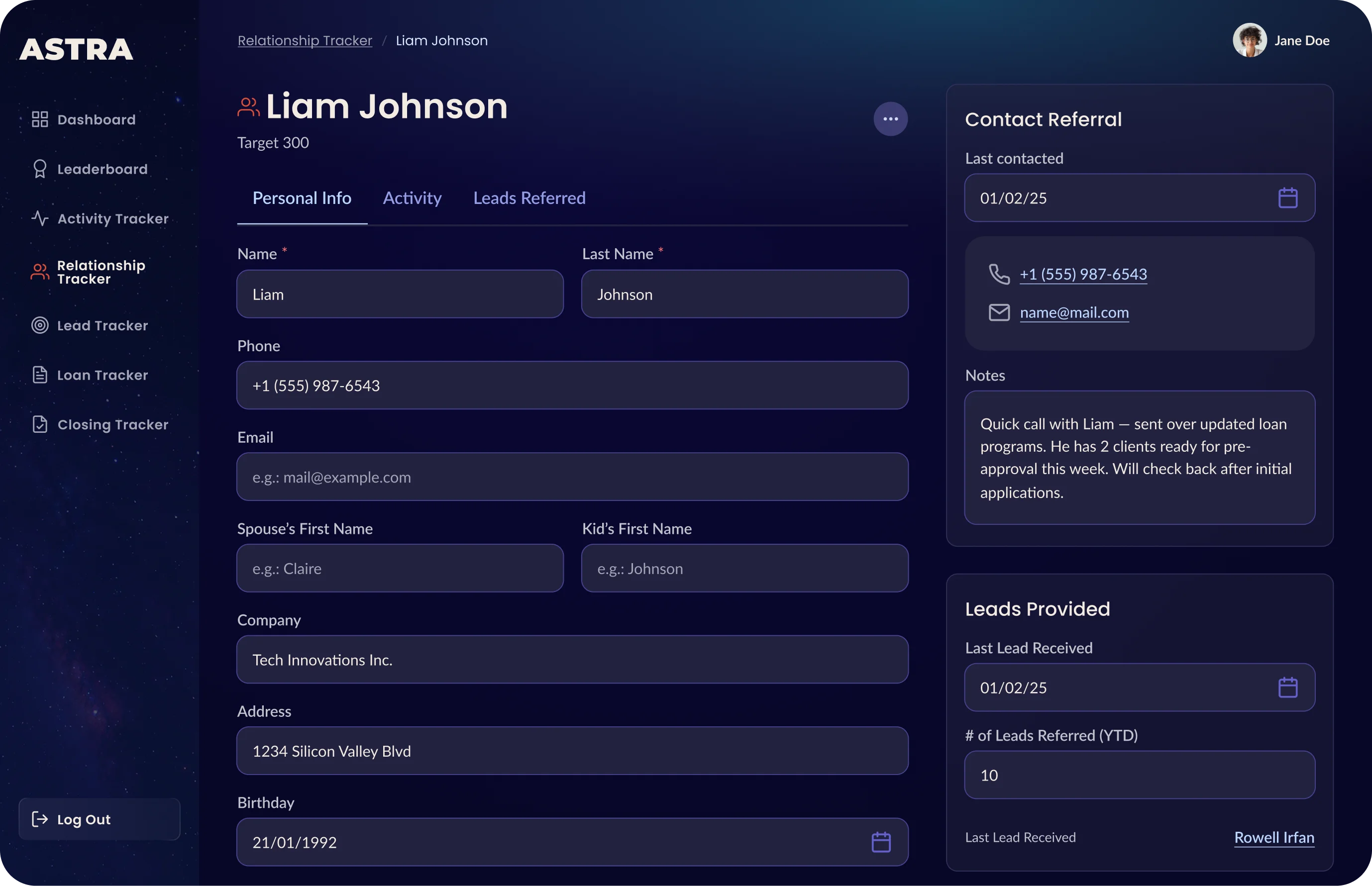 Referral partner profile and detail views — relationship context, forms, and guardrails in the student experience.
