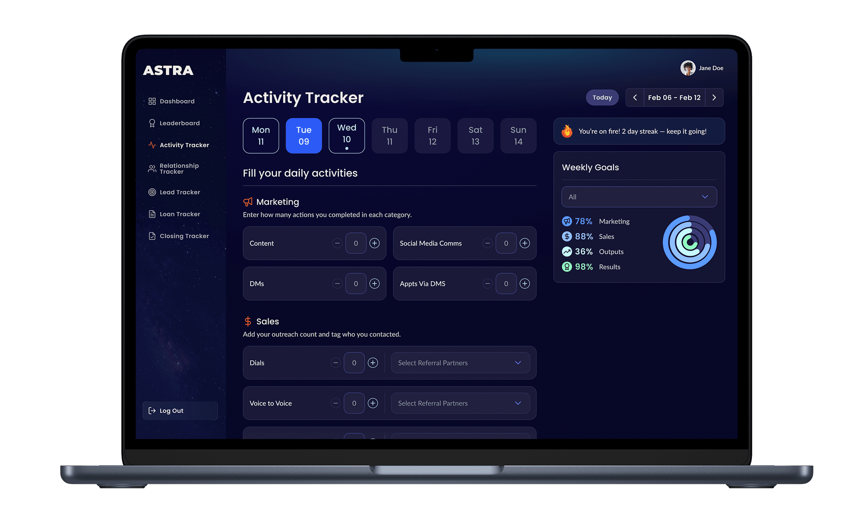 Activity Tracker desktop screen showing daily logging interface.