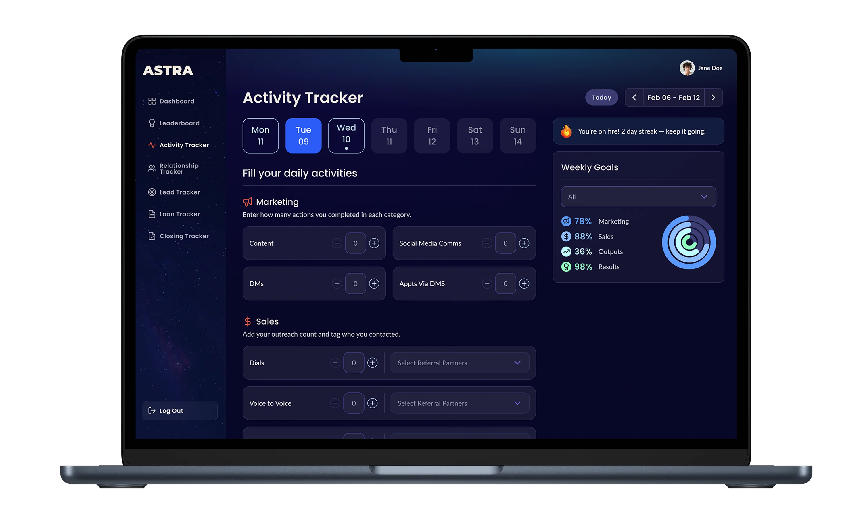 Activity Tracker desktop screen showing daily logging interface.