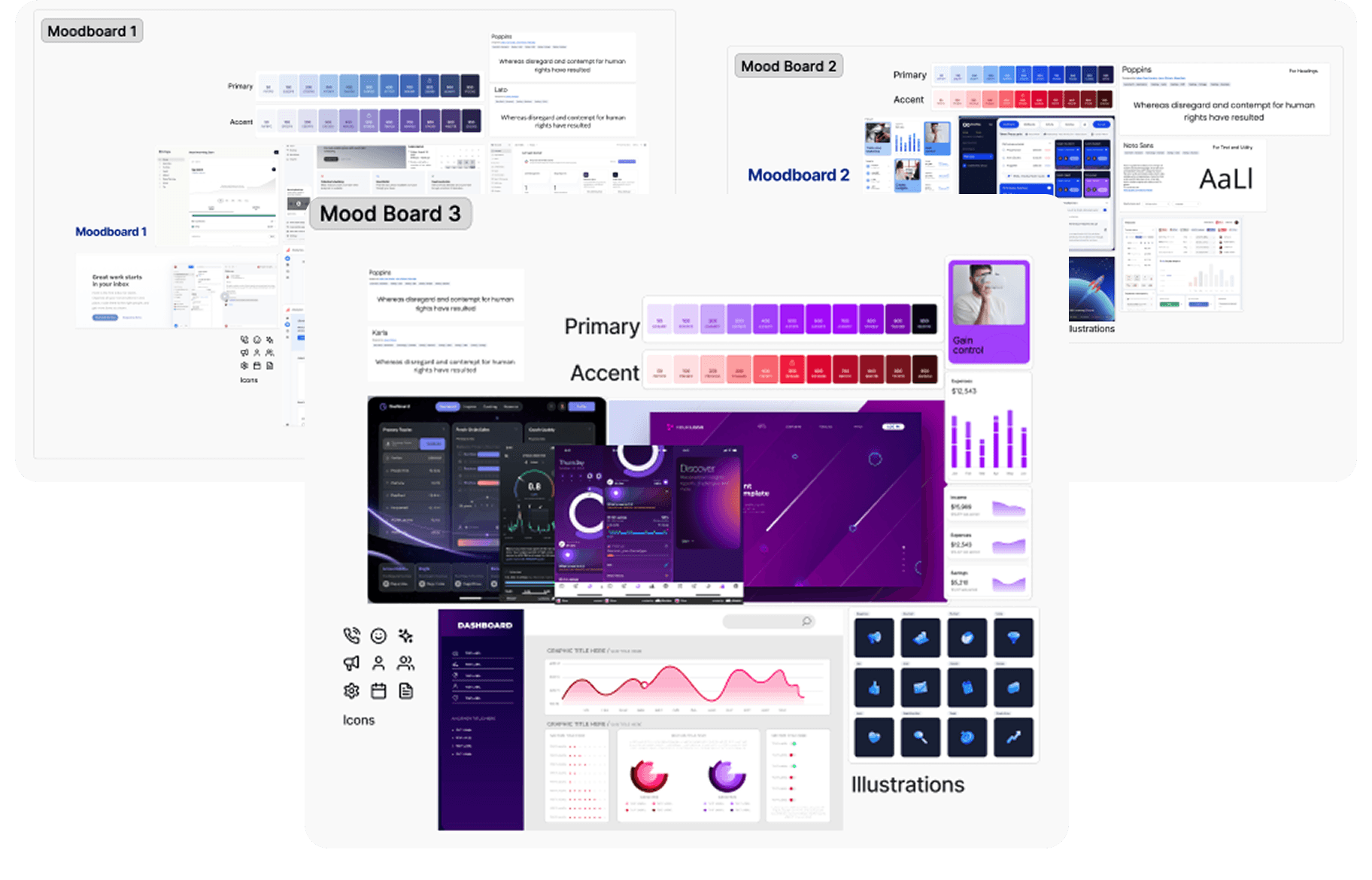 Three moodboard directions; the chosen spatial, dark, high-contrast direction became the design system foundation.